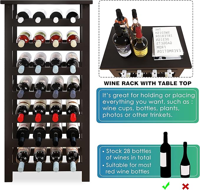 SMIBUY Bamboo Wine Rack, 28 Bottles Display Holder with Table Top, 7-Tier Free Standing Storage Shelves for Kitchen, Pantry, Cellar, Bar (Black)