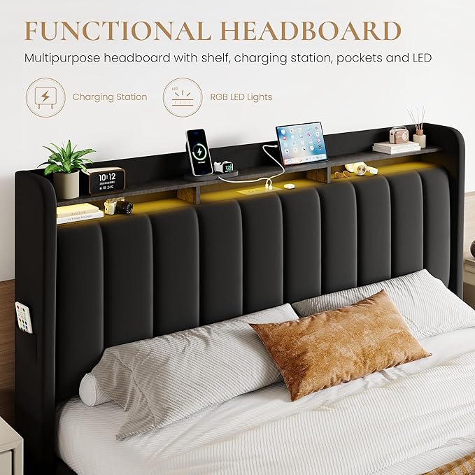 SHA CERLIN Velvet King Size Bed Frame with Vertical Channel Tufted Wingback Headboard & 2 Storage Drawers/2-Tier Shelves with LED Lights & Charging Station/Noise-Free/No Box Spring Needed/Black