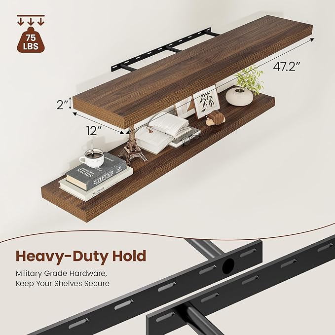 Vivelove Wide Floating Shelves for Wall 12 Inch Deep, 47.2" X 12" X 2" Floating Shelf, 2 Inch Thick Shelf for Living Room Bathroom Bedroom Kitchen Book Room, Rustic Farmhouse Decor Set of 2, Walnut