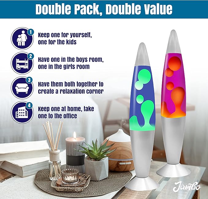 JAMBO 2 Pack- 16" Beautiful Lamp- Blue with Yellow/Green Wax and Purple with Yellow Wax, Relaxing Liquid Lamp, Night Light Nightlight, Lamps for Adults Teens Kid