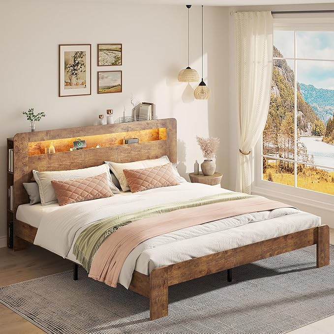 Wooden Bed Frame King Size with Storage Headboard - Farmhouse Platform Bed Frame with Bookcase Shelf & Led Lights, Sturdy Wood Slat Framework Bed Frame (Rustic Brown LED)