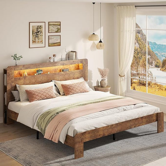 Wooden Bed Frame King Size with Storage Headboard - Farmhouse Platform Bed Frame with Bookcase Shelf & Led Lights, Sturdy Wood Slat Framework Bed Frame (Rustic Brown LED)