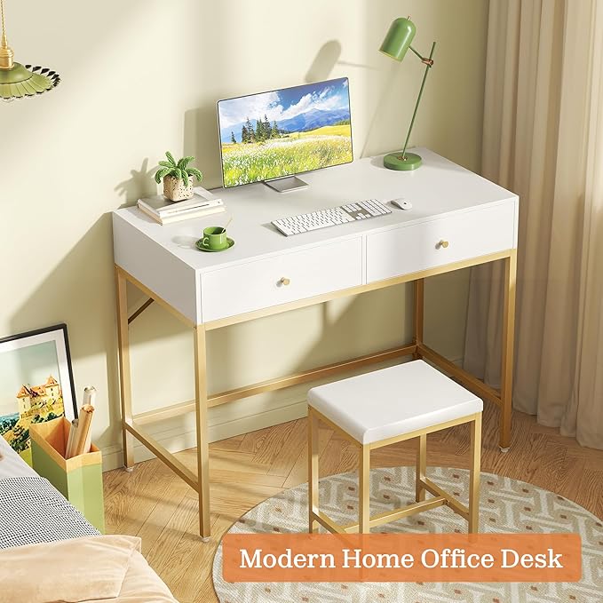 SUPERJARE 31.5" White and Gold Desk with 2 Drawers, Modern Makeup Vanity with Padded Stool, Small Computer Desk Home Office Desk for Writing Study Bedroom