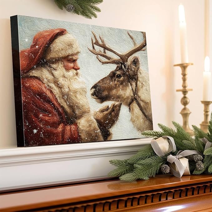 Santa Claus & Reindeer Christmas Canvas Wall Art - Festive Framed Print for Living Room & Office Decor, Ready-to-Hang Christmas Wall Art, Ideal Christmas Gifts & Holiday Decorations