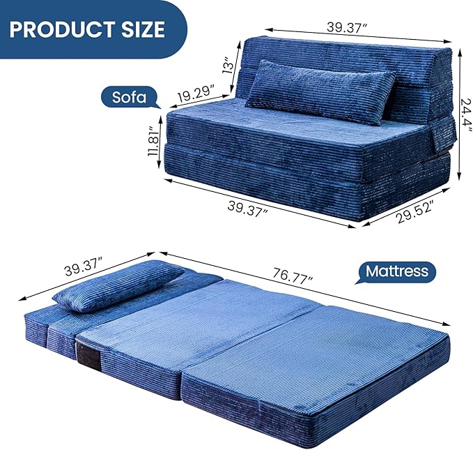 Folding Sofa Bed, Convertible Sleeper Chair with Pillow, High Density Memory Foam Fold Out Couch, Foldable Mattress Futon Sofa for Living Room/Dorm/Guest Use/Apartment/Home Office