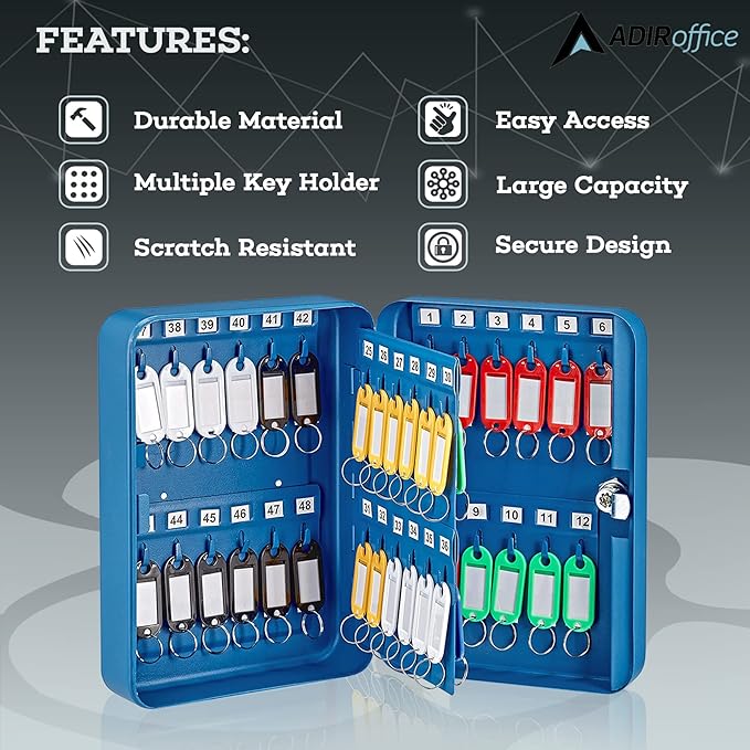 AdirOffice Key Lock Box – 48 Key Hooks Wall Mounted Key Cabinet Lock Box, Car Keys Holder Box, Lockable Key Storage Box - Metal Key Box Organizer with for Home and Office