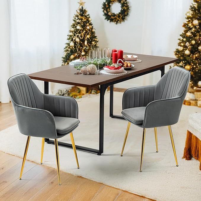 ECOTOUGE Matte Velvet Dining Chairs Set of 2, Modern Arm Chair with Golden Metal Legs, Living Room Accent Chairs for Kitchen, Grey