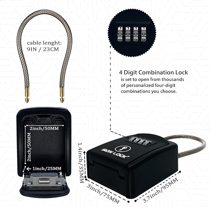 Iron Lock® Key Lock Box Portable with Cable Shackle – Small Waterproof Heavy-Duty Metal Safe with 4-Digit Combination for Spare Keys Outside on Door Knob, Fence, Pipe or Gate (Black, Small)