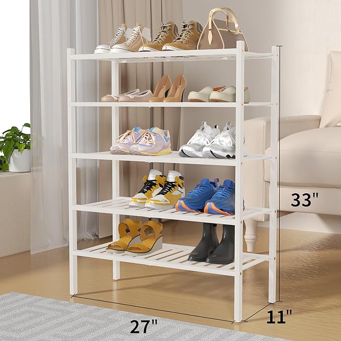 5 Tier Bamboo Shoe Rack for Closet Free Standing Wood Shoe Shelf for Entryway Small Space Stackable 27"x11"x33" (White)