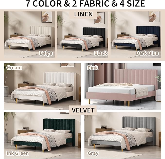 Full Size Upholstered Platform Bed Frame with Modern Wingback & Vertical Panel Headboard, Velvet Fabric, Wooden Legs & Slats Support, No Box Spring Needed, Noise-Free & Easy Assembly, Cream