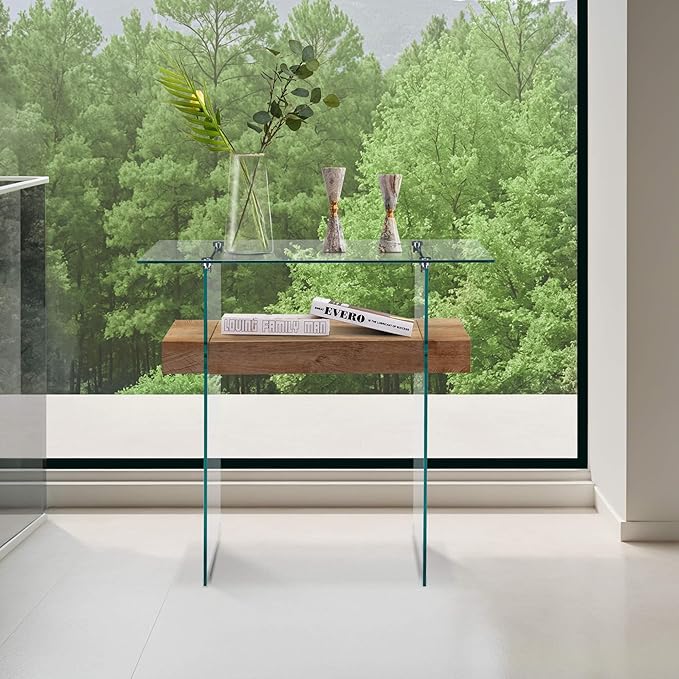 ivinta Glass Console Table with Storage, 31.5'' Modern Narrow Entryway Table with Storage Shelves for Living Room, Hallway, Foyer, Bedroom or Small Spaces 5103 (Natural)