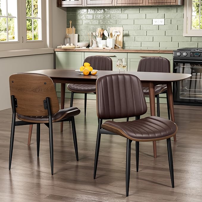Dining Chairs Set of 6, Mid-Century Modern Upholstered PU Leather Chairs with Walnut Bentwood Back and Metal Legs Adjustable Feet for Kitchen Dining Living Room, Dark Brown Vertical Stripes