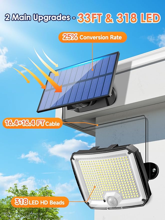 PIKOY Solar Lights Outdoor [318LED/10M/5 Modes] Security Lights Outdoor, Remote Control, IP65 Waterproof for Yard,Porch,Shed,Garage