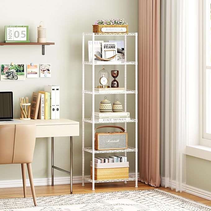 HOMEFORT 6-Shelving Unit, Adjustable Wire Shelving, Metal Wire Shelf Rack Organizer for Kitchen, Pantry, Closet, Bathroom, Laundry, White, 21" W x 11" D x 69" H