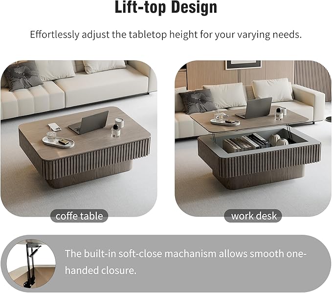 38.6" Lift Top Coffee Table with Storage, Fluted Coffee Table with Solid Wood Veneered, Mid Century Modern Wooden Center Table, Accent Tea Table for Living Room Apartment, Grey