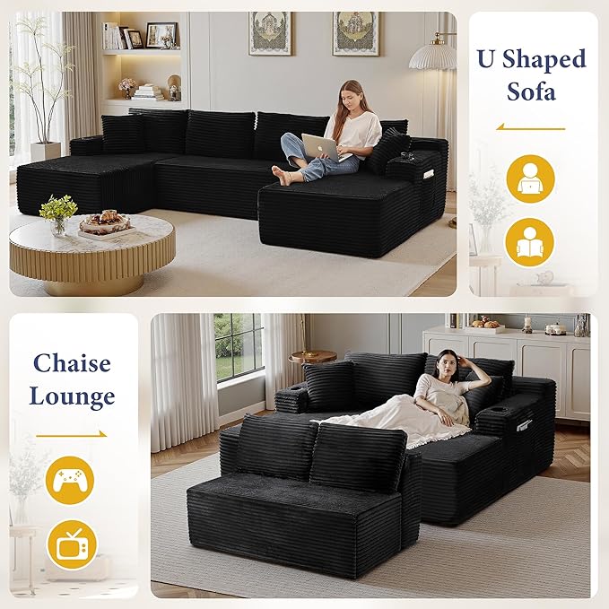 133" Couches for Living Room Deep-Seat Sectional Couch for Living Room Corduroy Boneless Couchs U-Shape Cloud Couch Flexible Modular Sectional Sofa with Chaise Lounge (Black, with Cup Holder)