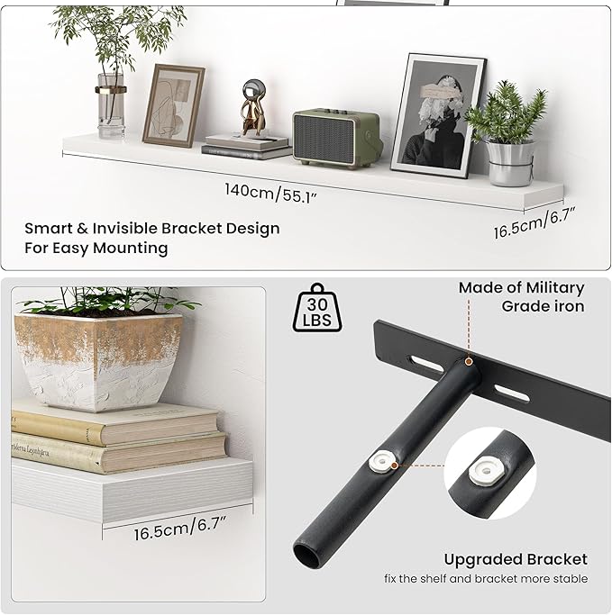 Heimlove 55 Inch Floating Shelves for Wall,Extra Long Mounted Storage Wall Shelves with Invisible Metal Bracket for Bedroom Living Room Kitchen Office Set of 2,White