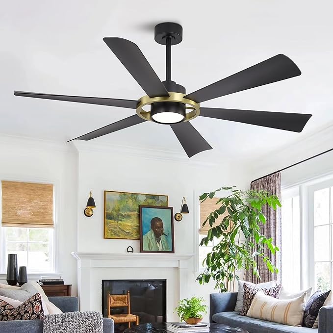 ELEHINSER 60" Ceiling Fan with Lights - 6 ABS Plastic Blades, 3 Downrods, 6-Speed Reversible DC Motor, 3CCT, Windmill Ceiling Fan for Kitchen Bedroom Living Room, Black and Brass