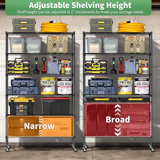 BestOffice Storage Shelves 6 Tier Metal Shelves Adjustable Garage Shelving Wire Shelving Unit Capacity 2100LBS with Wheels for Kitchen, Garage Pantry Closet Commercial,Black