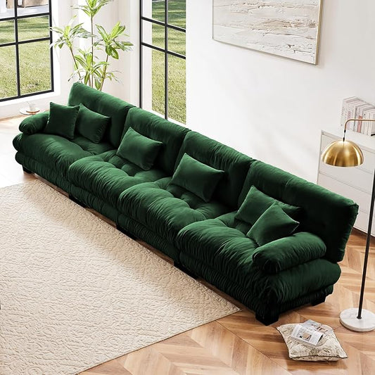 173.2" Oversized Couch, 4 Seater Modular Sectional Sofa, Green Large Sectional Couches for Living Room, Fluffy Chenille Fabric Cloud Couch with 5 Pillows, Deep Seat Sofas