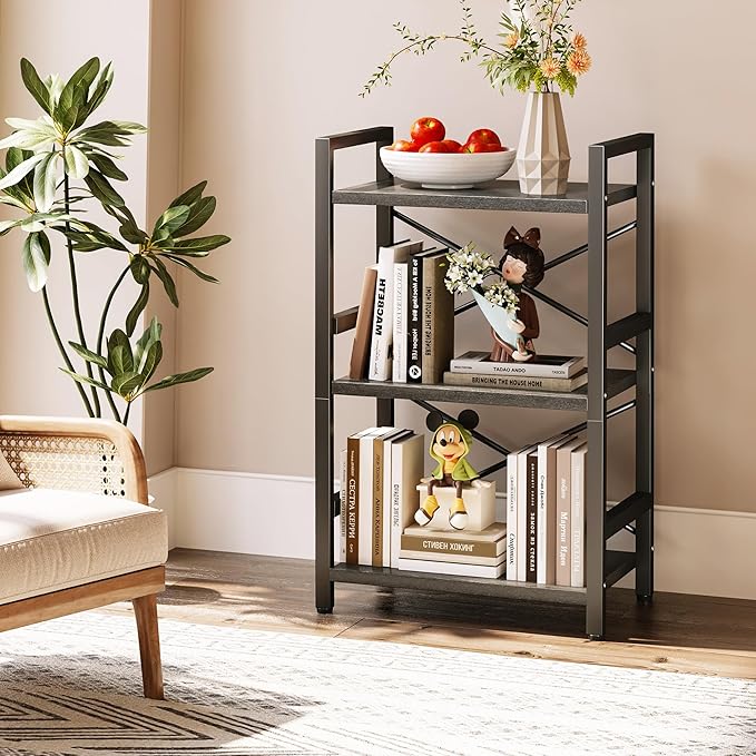 Homeiju Bookshelf, 3 Tier Industrial Bookcase, Metal Small Bookcase, Rustic Etagere Book Shelf Storage Organizer for Living Room, Bedroom, and Home Office(Black) Patent Pending D29873033