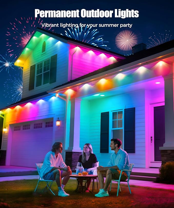 POOFZY Permanent Outdoor Lights for House,200ft RGB+IC Smart Outdoor Decor, 50 Scene Modes,App/Remote Control,IP67 Waterproof,for Christmas,Halloween,Daily & Holiday Party Decor,House Roof Lighting