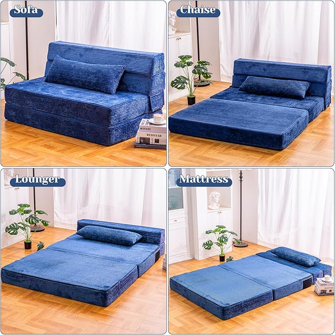 Folding Sofa Bed, Convertible Sleeper Chair with Pillow, High Density Memory Foam Fold Out Couch, Foldable Mattress Futon Sofa for Living Room/Dorm/Guest Use/Apartment/Home Office