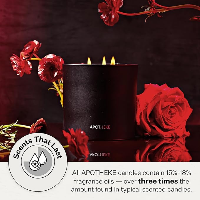 Apotheke 3-Wick Scented Candles for Home, Charcoal Rouge - 26 oz Soy Wax Jar Candle Gift for Women - Long-Lasting Fragrance with Perfume-Grade Essential Oils - Birch Wood, Elemi, Damask Rose & Smoke