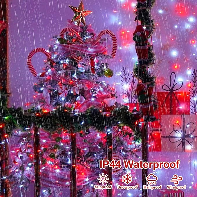 QITONG Red and White Christmas Light Outdoor Waterproof, 165ft 500 LED Clear Wire String Lights Plug-in, 8 Modes Christmas Tree Light Indoor