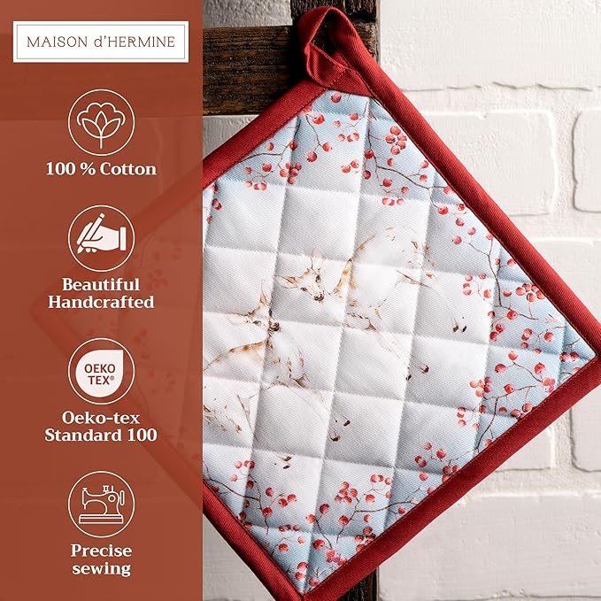 Maison d' Hermine Pot Holders Set 100% Cotton Heat Resistant Potholders 8" x 8" Hot Pads with Loop for Thanksgiving Christmas Decorations BBQ Baking Handling Hot Pans (Pack of 2, Fairy Tale Forest)