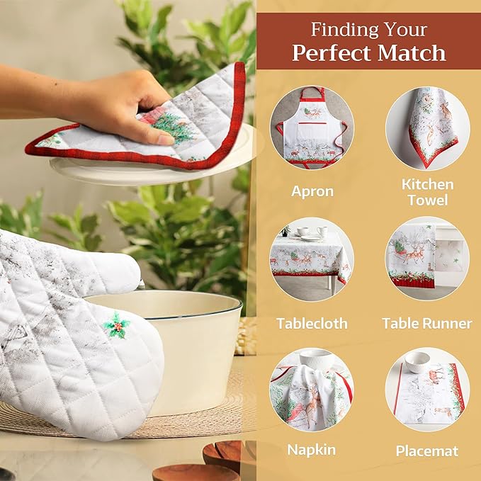 Maison d' Hermine 100% Cotton Oven Mitt & Pot Holder Set (7.5"x13" & 8"x8") Heat Resistant BBQ Cooking Gloves with Loop for Thanksgiving Christmas Decorations Handling Hot Pans (Christmas Tradition)