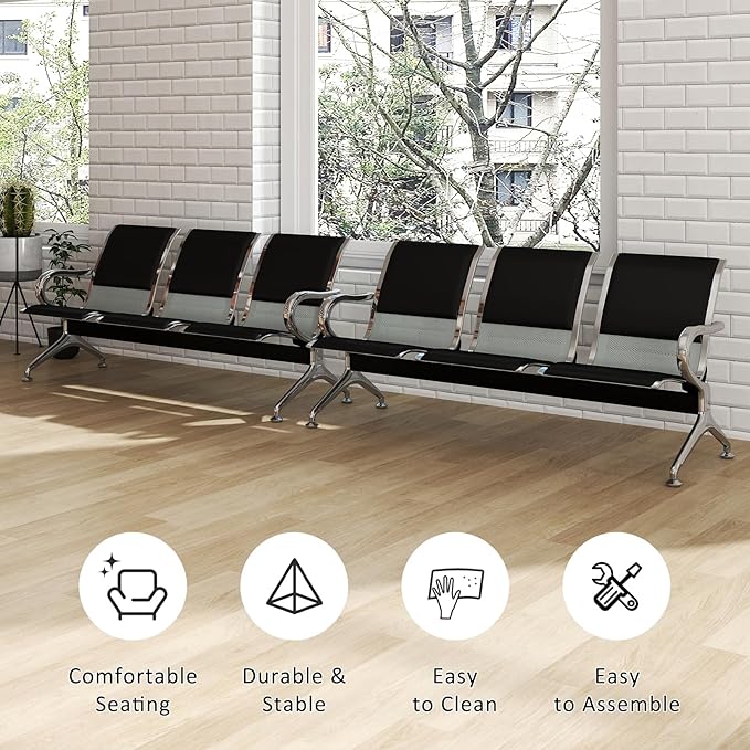 Kinfant 3-Seat Waiting Room Bench Set - PU Leather Office Chair Guest Reception Waiting Room Chair for Airport, Hospital, Bank, Salon, Barbershop(Black, Set of 2)