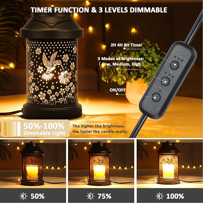 Dialan's Candle Warmer Lamp with Timer - Electric Candle Wax Melt Warmer with Dimmer for Scented Wax Jar Candles Home Decor Bedside Candle Lamp Gifts for Women Mom (Hummingbird, 2 Bulbs Included)
