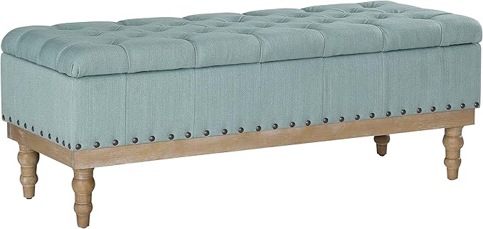 OSP Home Furnishings Landis Button Tufted Padded Top Storage Bench with Brushed Legs, Sea Blue Fabric