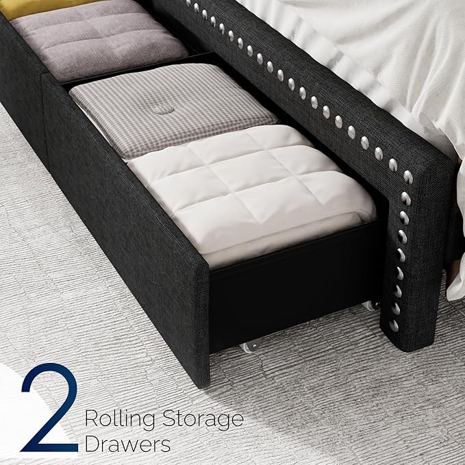Full Size Bed Frame with Storage Headboard and Drawers Modern Rivets Upholstered Bed Frame with LED Charging Station Full Bedframe No Box Spring Needed