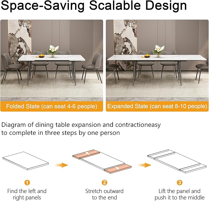 Expandable Rectangular Dining Table (62.9" to 94.4") – Modern White Sintered Stone Top, Adjustable Table for 6 to 10 People for Dining Room Family Gathering