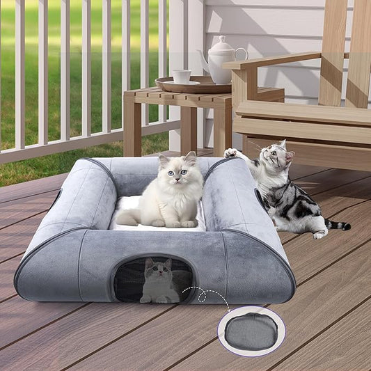 Indoor Cat Cave Bed with Door, with Removable Soft Pad, Sturdy and Scratch Resistant,Suitable for Small and Medium Cats (Gray)