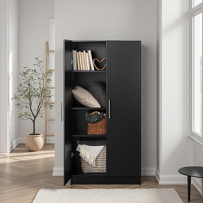 Prepac Elite Tall Garage Storage Cabinet & Pantry Storage Cupboard, 2-Door Freestanding Bathroom or Pantry Cabinet with Adjustable Shelves, 16" D x 32" W x 65" H, Black