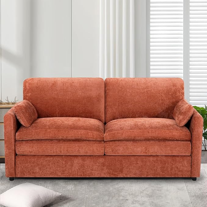 69" Chenille Modern Couch with Cozy & Soft Backrests, 2 Seats Sofa with 2 Extra Pillows, Comfy Upholstered Sofa with Thicker Cushions for Living Room, Office, Orange