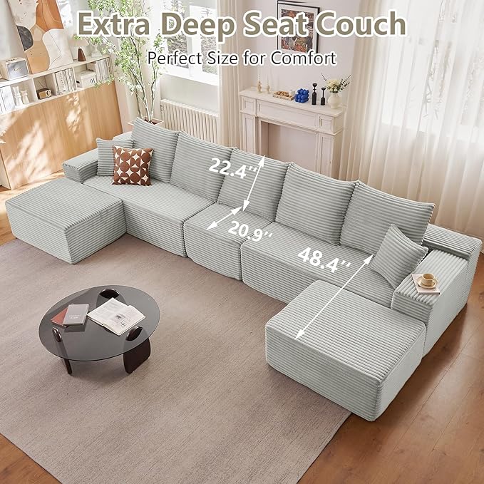 167.7" Sectional Cloud Couch for Living Room, Stupendous U Shaped Sofas, Modular Floor Deep-Seat Sofa, Big Comfy Corduroy Couches Set with Fluffy Memory Foam, No Assembly Required, Grey