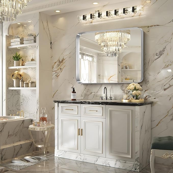 FORBATH 30x36 Inch Bathroom Mirror, Brushed Silver Deep Frame Wall Mirror with Rounded Corners, Anti-Rust Tempered Glass for Modern Farmhouse Vanity (Horizontal/Vertical Hanging)