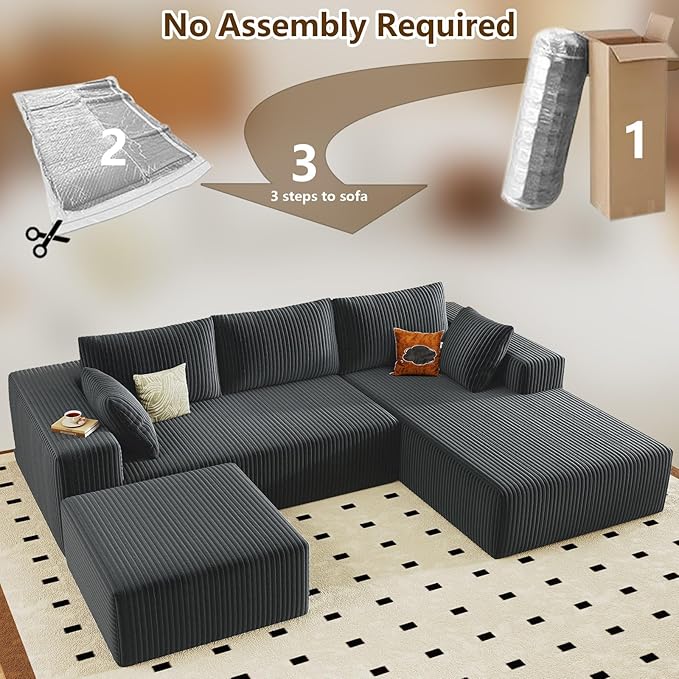 96" U-Shape Cloud Couch, Modern Modular Sectional L-Shape Sofa with Ottoman, Corduroy Upholstered Couches Deep Seat Chaise Longue for Living Room, No Assembly Required(Dark Gray, Right Facing)