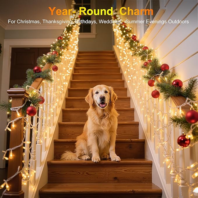 350LED 90FT Christmas Lights Indoor Outdoor, 12 Modes Warm White Outdoor String Lights with Timer & Dimmable, Green Wire Christmas String Lights for Indoor Tree Patio Yard Fence Bedroom Wedding Garden