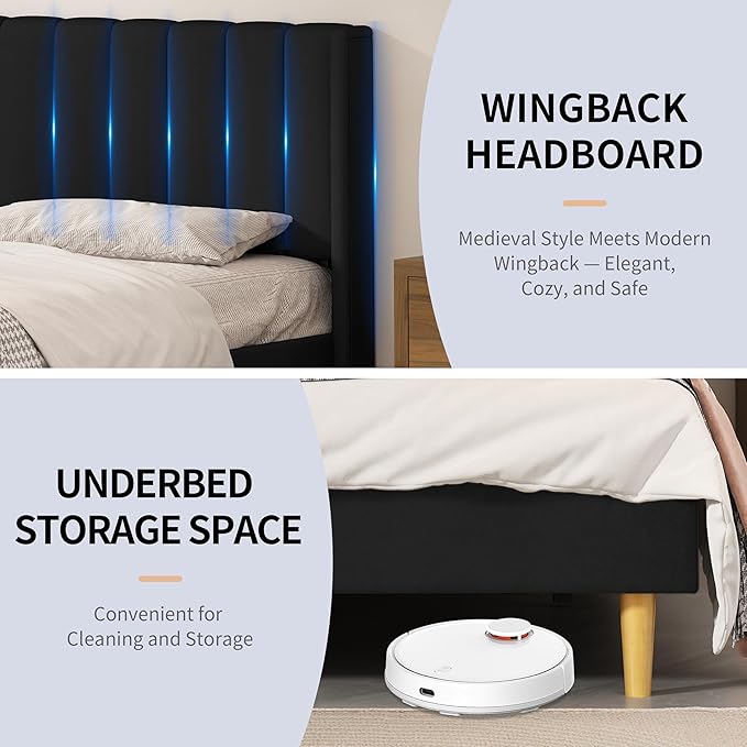 Full Size Upholstered Platform Bed Frame with Modern Wingback & Vertical Panel Headboard, Linen Fabric, Wooden Legs & Slats Support, No Box Spring Needed, Noise-Free & Easy Assembly, Black