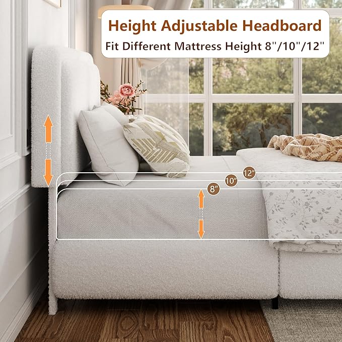 Queen Bed Frame with Headboard Adjustable, Boucle Upholstered Platform Bed Frame Queen Size, Anti-Collision Soft Rounded Corners, No Box Spring Needed, Noise-Free, Easy Assembly, White