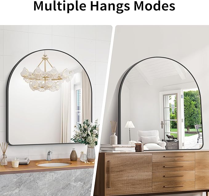 Arched Bathroom Mirror, 36"x40" Black Arched Mirror for Bathroom, Wall Mounted Mirror, Black Vanity Wall Mirror w/Metal Frame for Bedroom, Entryway, Living Room, Vertically Hanging