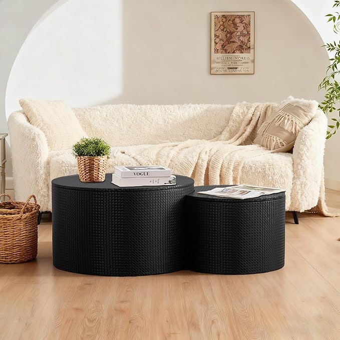 Round Nesting Coffee Table Set of 2, Round Fluted Coffee Tables with Storage for Living Room Leather Veneer Modern Nesting End Side Tables for Small Spaces (A Storage Black)