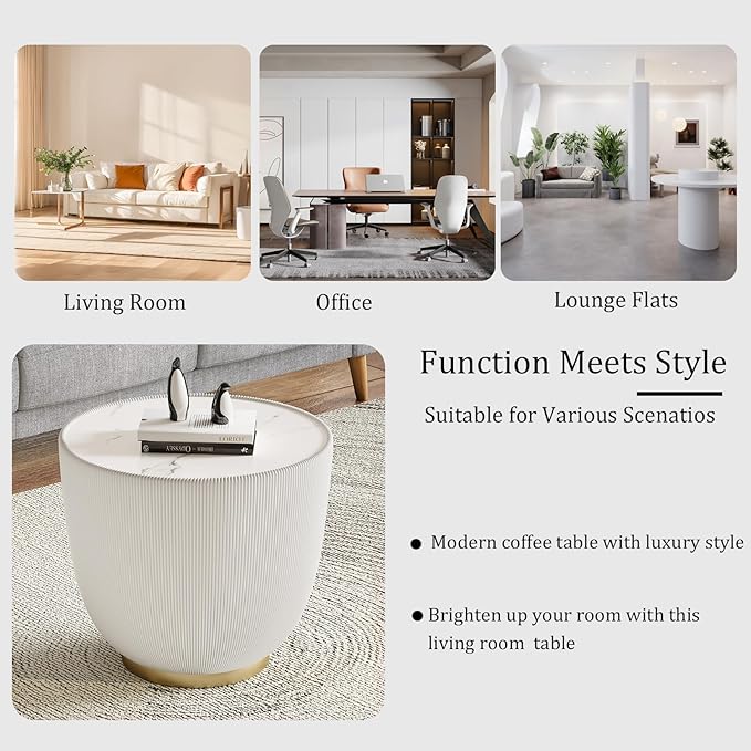 Round Coffee Table Set with Sintered Stone Tabletop, 27.56" Black Drum Center Table and 19.69" White Coffee Table Set, 2 Pieces Living Room Table Set with Fluted PU Leather Cover& Metal Base