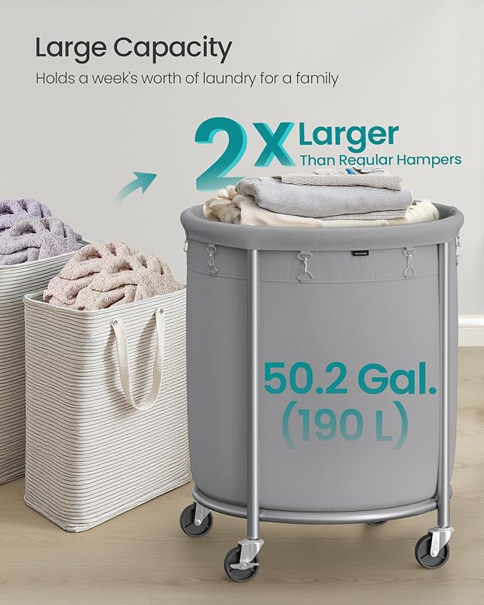 SONGMICS 50.2-Gallon (190 L) Laundry Basket with Wheels, Rolling Round Heavy-Duty Laundry Hamper Cart with Steel Frame and Removable Bag, 2 Locking Wheels, Gray and Metallic Silver URLS001G01