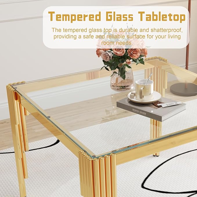 35" Square Glass Dining Table, Modern Tempered Glass Kitchen Table with Stainless Steel Legs for 2-4, Stylish Gold Dinner Table for Home Office, Kitchen, Living Room